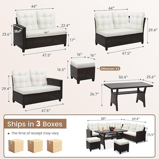 KROFEM 6-Piece Patio Furniture Set, Outdoor Sectional Sofa with Dining Table & Chairs, All-Weather Dining Set with Removable Cushion Covers, Ideal for Garden, Porch, Backyard, White