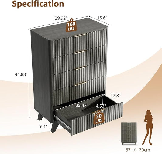 VINGLI Fluted Tall Dresser 5 Drawer Grey Chest of Drawers, Wood Dresser with Rounded Edges, Gray Chest Dressers for Bedroom, 29.92" W*15.6" D*44.88" H