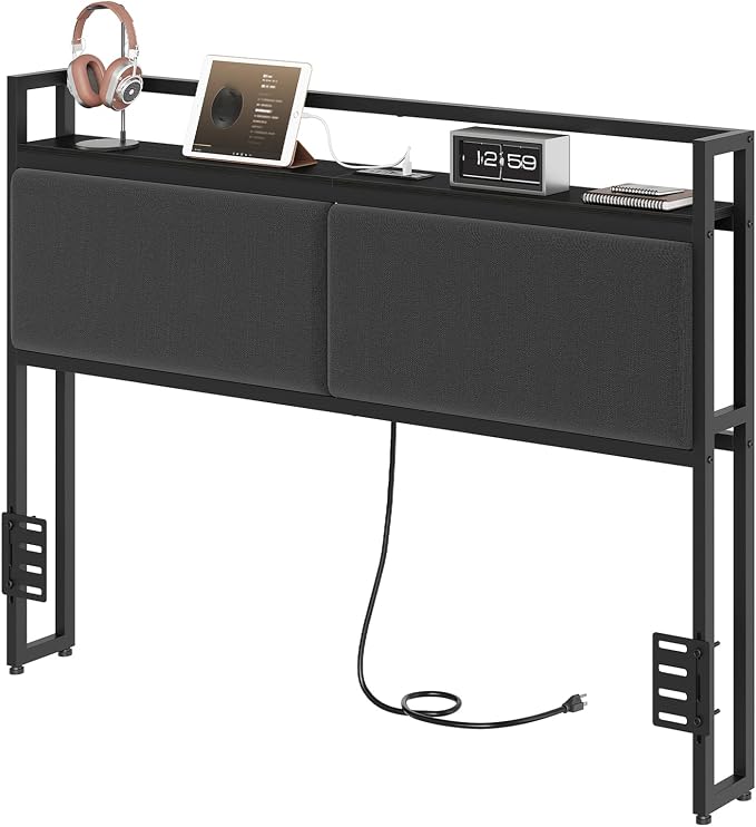 Queen Size Headboard Only with Storage Shelves, Upholstered Headboard with Charging Station, Height Adjustable, Sturdy and Stable, Vintage Style, Black