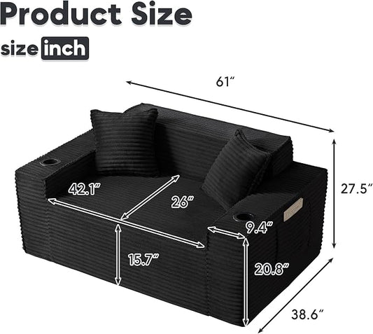 Boneless Sectional Sofa Couch with Cup Holders & Side Pockets, Modern Corduroy Fabric Deep Seat Loveseat Cloud Couch for Living Room Office, No Assembly (Black)