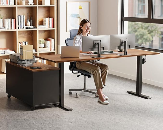 OffiGo 55 Inch L Shaped Electric Standing Desk with Drawers & File Cabinet Sets, Executive Sit Stand Desk, Height Adjustable Computer Desk for Home Office, Writing, Workstation, Walnut+Black