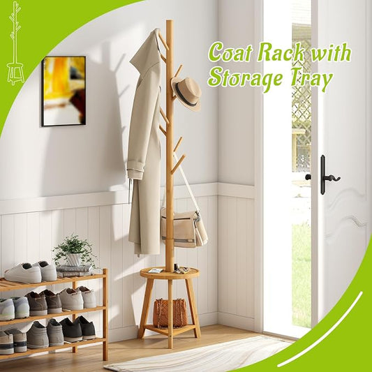 BMOSU Coat Rack freestanding Stand with 2 Shelves Bamboo Wooden Coat Tree Easy Assembly 8 Hooks Standing Jackets Hanger Hallway Office Floor Coat Stand Nature