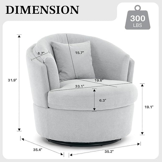Swivel Accent Chair, Widened Round Barrel Chair with Pillow | Wide Padded Seat, Upholstered Chenille, Silent 360° Swivel Barrel Armchair for Living Room Bedroom Reading Nook, Light Gray