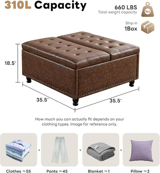 Tbfit Large Square Storage Ottoman Bench, Tufted Upholstered Coffee Table Ottoman with Lift Top & Solid Wood Legs, Oversized Storage Ottomans Toy Box for Living Room (Brown)