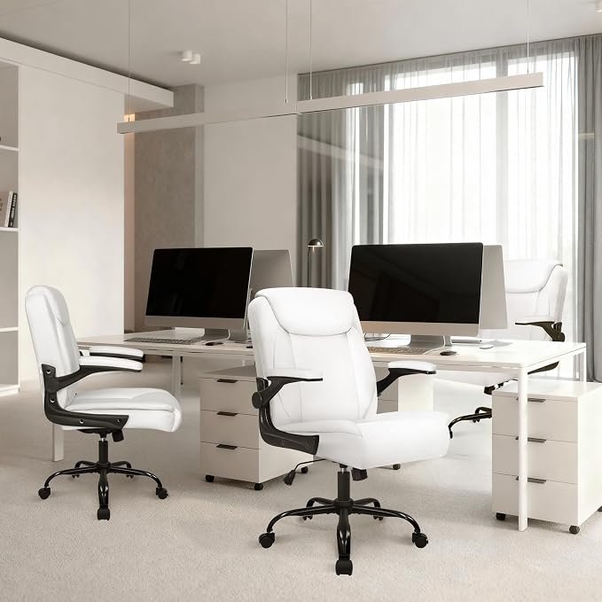 NEO CHAIR Desk Office Gaming Computer Chair Ergonomic Executive Mid-Back Leather with Adjustable Padded Flip-Up Armrests Cushion Wheels Swivel for Home Study Task (White)