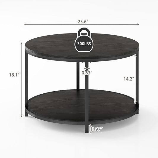 NSdirect Round Coffee Table, 25.6" Small Coffee Table for Living Room,2-Tier Rustic Wood Desktop with Storage Shelf Modern Design Home Furniture(Black)