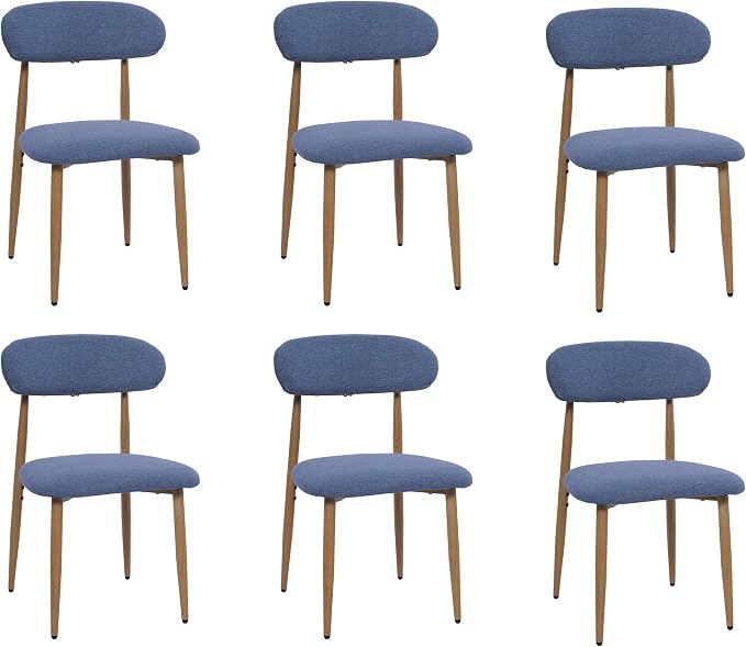 FREKEN Modern Upholstered Dining Chairs Set of 6, Mid-Century Metal Frame with Wood Grain, Linen Fabric Side Chair for Kitchen Dining Room, 350lbs Capacity, Blue