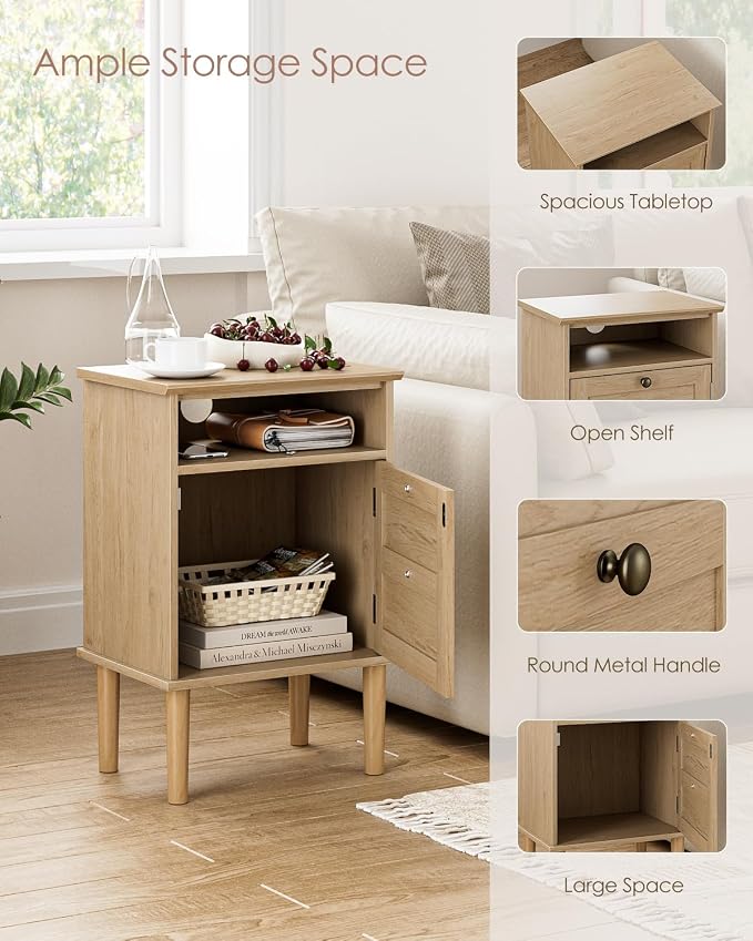 Nightstand, Boho Night Stand with 1 Drawer, Modern Side Accent Table with Open Shelf, Wooden Top Bedside End Table for Bedroom, Living Room, Natural