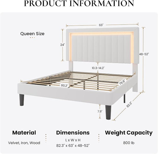 SHA CERLIN Queen Size Velvet Bed Frame with LED Light, Adjustable Vertical Channel Tufted Headboard, Strong Wooden Slats Support, Noise-Free, No Box Spring Needed, White