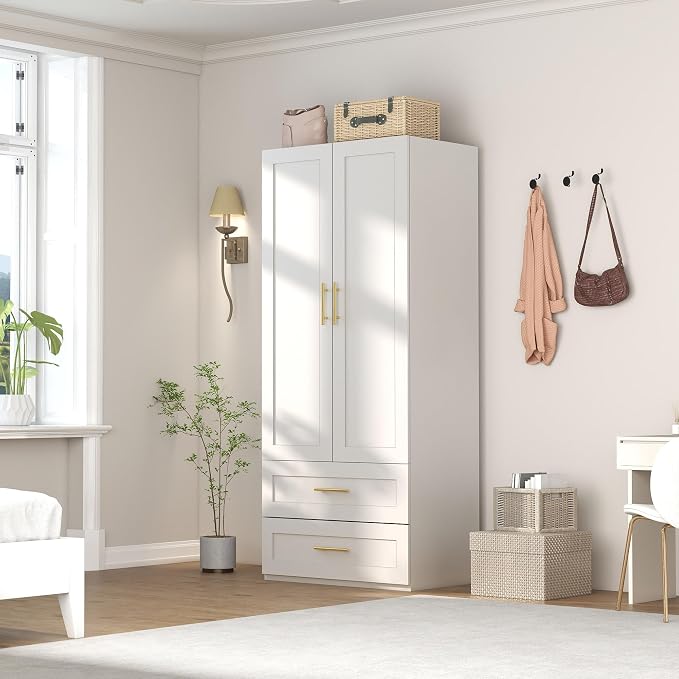 White Wardrobe with 2 Doors: 75" Tall Armoire Wardrobe Closet with 2 Drawers, Bedroom Closet Cabinet for Hanging Clothes, Wooden Storage Armoire with Shelves (Contemporary, 1)