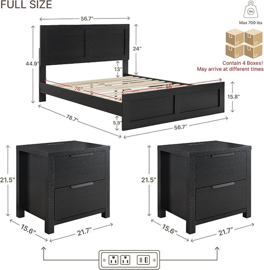 KISLOT 3 Pieces Bedroom Set, Wood Bed Frame with Upholstered Headboard & 2 Nightstands with Storage, Wooden Platform Mattress Foundation Farmhouse Bedroom Furniture Set