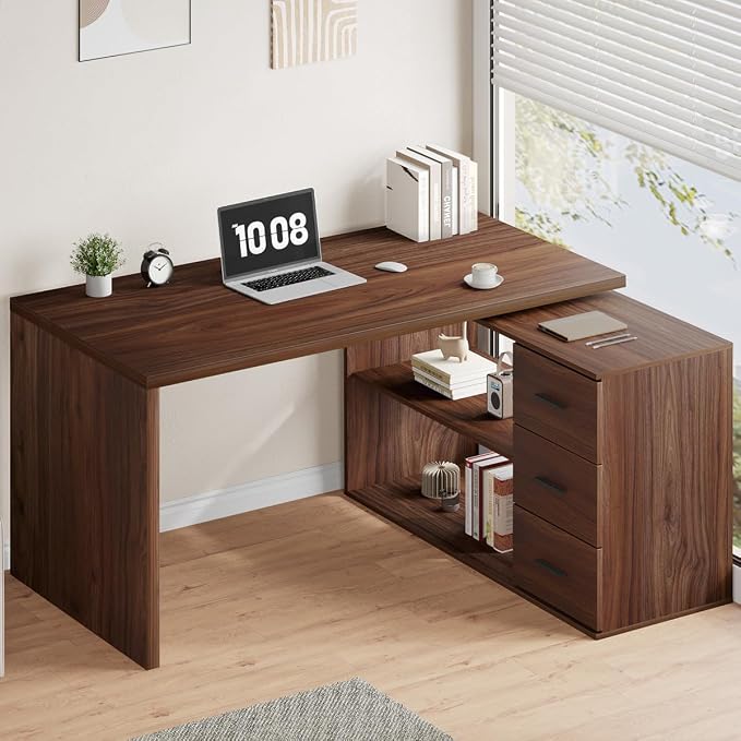 HSH Walnut Home Office Desk L Shaped with Drawers, Reversible Wood Computer Desk Table for Executive Work Writing Study Gaming, Rustic Corner L Desk with Storage Cabinet Shelves for Bedroom, 55 Inch