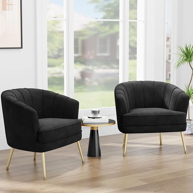 Andeworld Velvet Accent Chair, Upholstered Modern Single Sofa Side Chair,Comfy Barrel Club Living Room Armchair with Golden Metal Legs for Bedroom Living Reading Room Office, Black