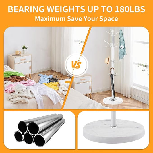 ZOZOE Metal Coat Rack Stand, Modern Coat Rack Freestanding with Natural Marble Base, Sturdy Coat Racks with 12 Hooks & Umbrella Holder,White Coat Tree Hanger Stand for Bags,Hats,Entryway,Office