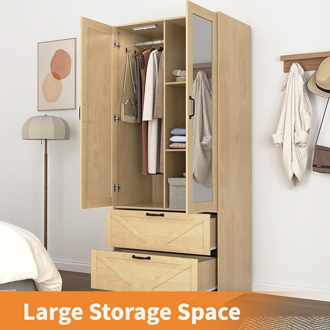 72" Wardrobe Closet with Mirror, Bedroom Armoire with Drawers, Hanging Rod and LED Light, Farmhouse Wooden Clothes Storage Cabinet for Bedroom, Guest Room, Apartment,Natural