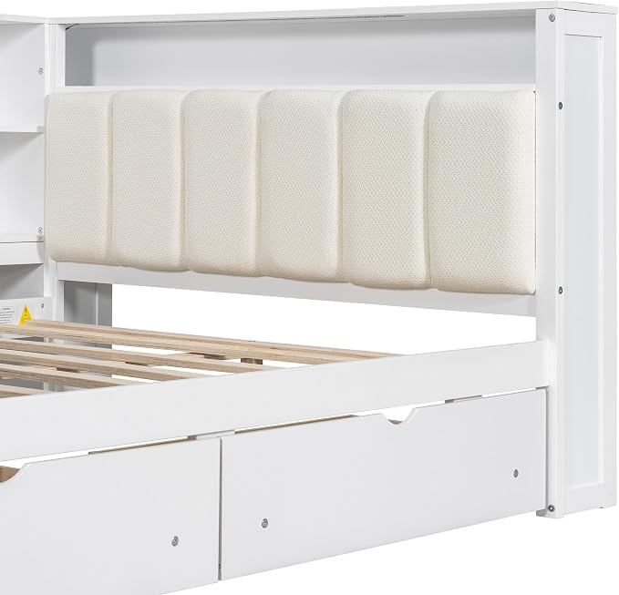 Bellemave Full Corner Bed with Storage Shelves and Desk, Upholstered Headboard Daybed with Bookcase and Drawers,Daybed with Storage, White+Beige Cushion