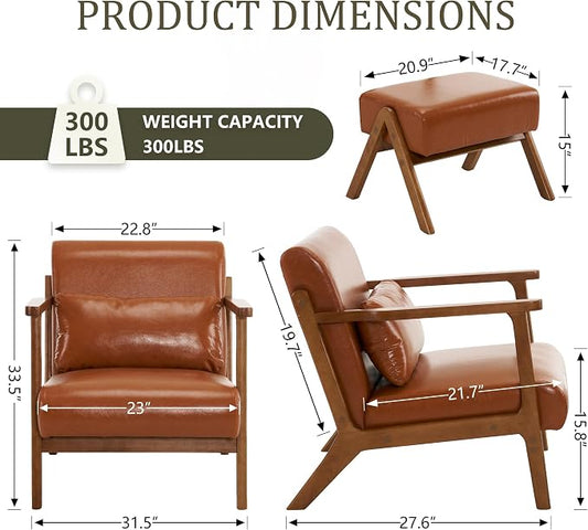 Accent Chair and Ottoman Set, Mid-Century Modern Faux Leather Armchair with Solid Wood Frame for Living Room, Bedroom, Balcony, Brown