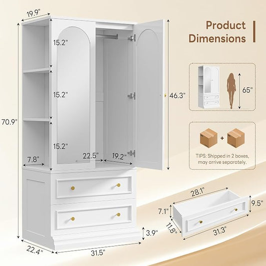 LIKIMIO Armoire Wardrobe Closet with Full Length Mirror, 3 Open Shelves, 71" Freestanding Bedroom Armoire with 2 Drawers, 3 Side Hooks & Hanging Rod, Clothing Storage Cabinet for Bedroom, White