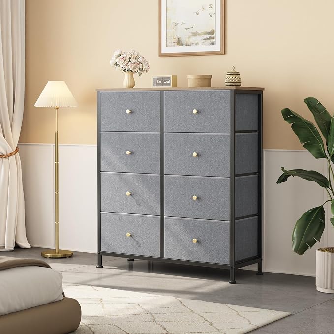 OLIXIS 8 Drawer Storage Dresser with Wood Top - Wide Fabric Chest Organizer for Bedroom, Closet, Living Room,Tower Cabinet, TV Stand, Hallway Entryway Furniture,Gray Blue