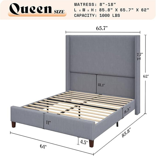 AMERLIFE Queen Size 62" Corduroy Upholstered Bed Frame, Luxurious Platform Bed with Extra Tall Wingback Headboard and Vertical Stripe, No Box Spring Needed/Solid Wood Slats & Legs/Gray