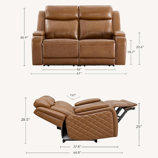 Watson & Whitely Genuine Leather Power Loveseat Recliner Sofa, Zero Gravity Reclining Loveseat with Power Headrest & Hidden Storage, Charging Ports, Dual Recliner Sofas for Living Room, Saddle Brown