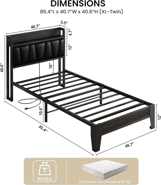 LIKIMIO Twin XL Bed Frames, PU Leather Storage Headboard with Charging Station, Solid and Stable, Noise Free, No Box Spring Needed, Easy Assembly, Black