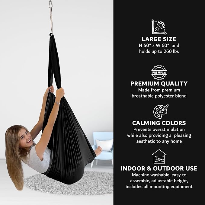 Double Layer Reversible Sensory Swing | Outdoor and Indoor Swing for Kids and Adults Up to 260 lbs | Autism Cocoon Swing | Kids Sensory Swing (Black)