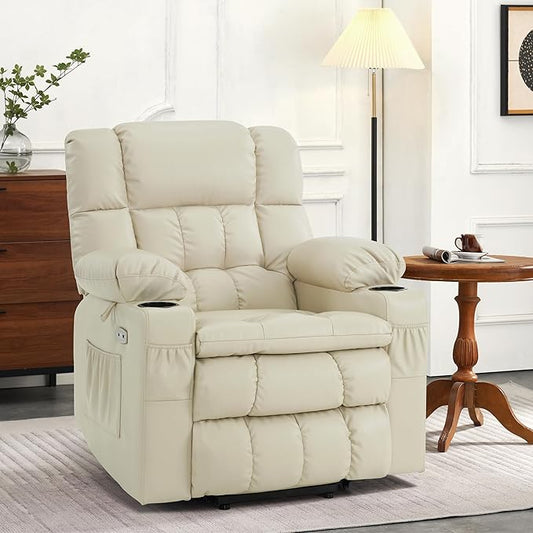 MCombo Small Dual Motor Power Lift Recliner Chair for Petite Elderly, Zero Gravity Lift Chair with Heat and Massage, Infinite Position, USB Ports,Faux Leather 7893 (Cream White, Small)