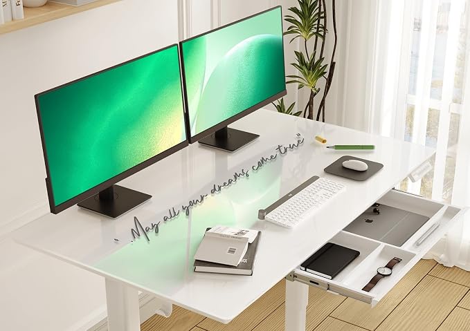 INNOVAR Glass Standing Desk with Drawers, 55×27.6 Inch Adjustable Stand Up Desk Quick Install Home Office Computer Desk, Super White
