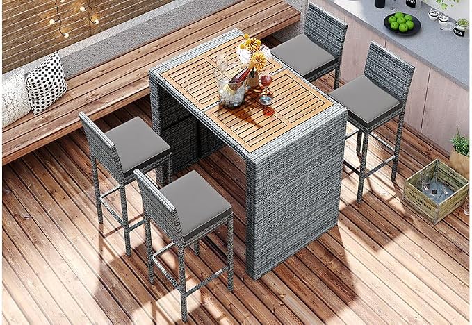 Quarte Modern 5-Piece Outdoor Patio Dining Set, Garden PE Rattan Wicker Bar Set, 4 Bar Height Chairs with Non-Slip Feet and Fixed Rope, Acacia Wood Table Top