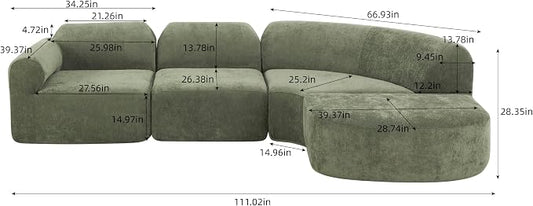 Merax Modern Curved Sectional Sofa with Ottoman, Couch 4-Piece Set High-Density Compressed Sponge, Fully Assembled, Right Hand Facing, Plush Deep Seat for Living Room, Lounge, Apartment, Green