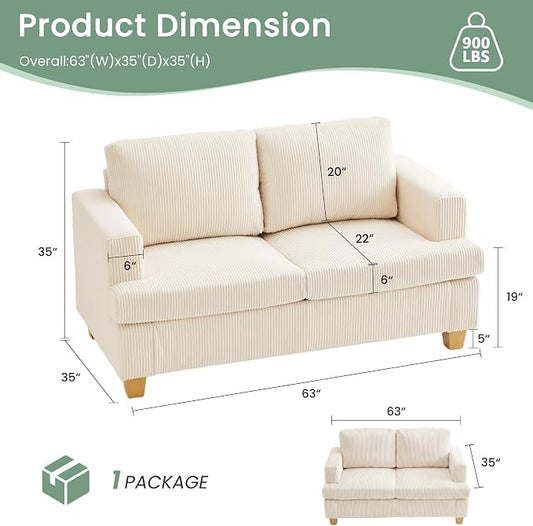 YOUDENOVA 2 Piece Set Comfy Sofa Couch, Loveseat Sofa * 2 with Deep Seats, Modern Sleeper Couch for Living Room, White Corduroy