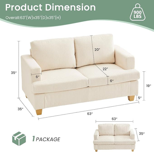 YOUDENOVA 63" Corduroy Sofa Couch Loveseat for Living Room, Small Seep Seat Loveseat Sofa for Bedroom, Comfy Chenille Couch for Small Spaces, White Corduroy