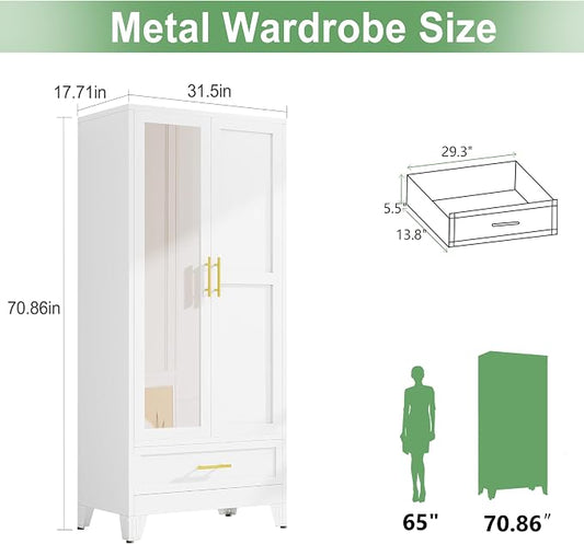 Ckzbx 71" H Metal Armoire Wardrobe Closet with Mirror, Adjustable Shelve, Clothes Metal Wardrobe Cabinet for Bedroom (1 Drawer, White)