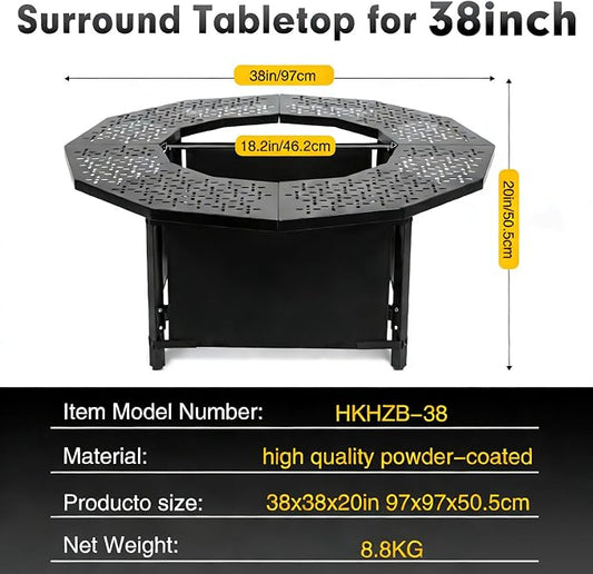 40 Inch Fire Pit Surround Tabletop for Solo Stove Bonfire up to 19.5" and Most Wood Burning Fire Pits, 24.4 in Inner, Coated Metal Outdoor Fire Pit Table with 360° Safety Barrier