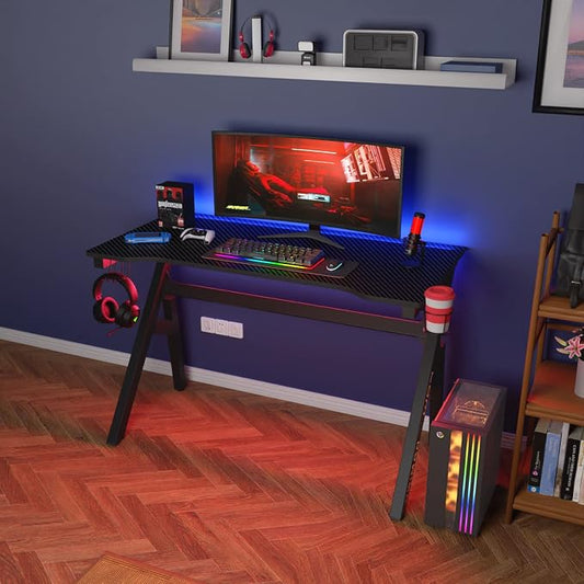 BestOffice | 47" Gaming Desk | Red | Carbon Fiber Textured Computer Desk | Sturdy Steel Frame, Cup Holder, Headphone Hook, Cable Management Holes, Adjustable Leg Pads | for Gamers, Home, Office