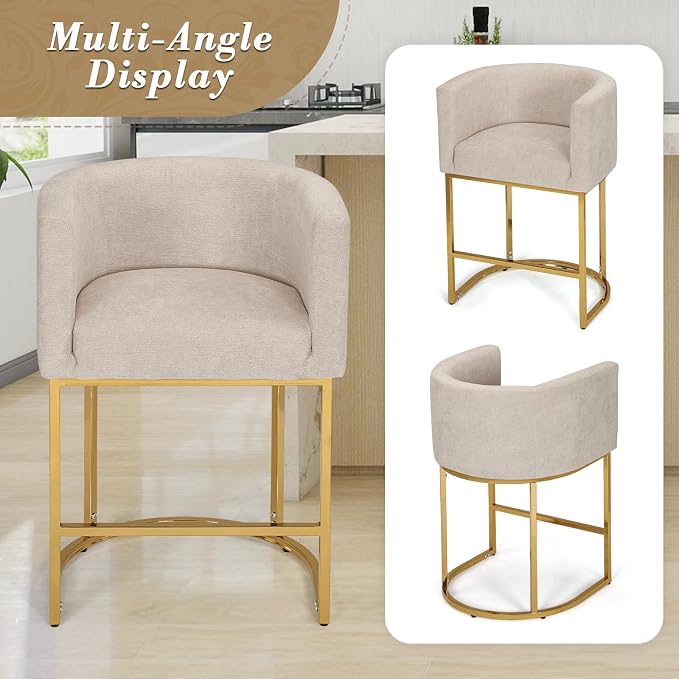 Athena Collection Counter Height Bar Stools Set of 2, 24 Inches Upholstered Barstool Set of 2 with Back and Metal Base, Modern Bar Stool Chairs for Kitchen Island, Dining Room, White