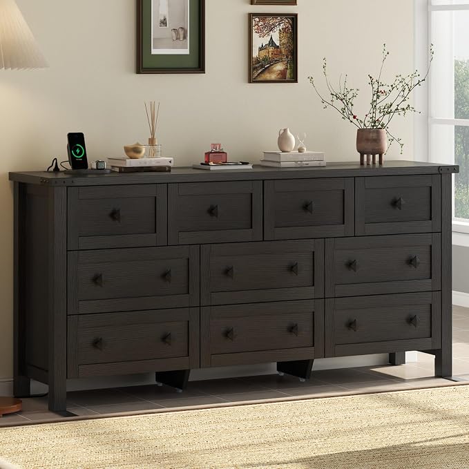 Gyfimoie 10-Drawer Dresser, 63" Farmhouse Wood Storage Chest of Drawers, Long Dresser TV Stand for TVs up to 75", Vintage Wide Dressers Organizer with Metal Handles for Bedroom, Black