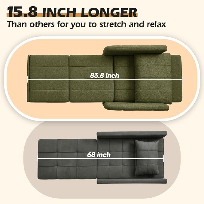 ZZW Sleeper Chair 84" Extra Long Convertible Chair Bed Upgraded 3-in-1 to 4-in-1 Pull Out Chair & Single Sofa Bed for Adult Sleeping Chair for Living Room Small Space (Modern Green)