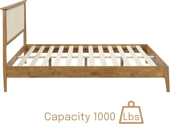 NTC Ruby Wooden Bed Frame with Headboard and Natural Rattan, Solid Oak Foundation with Silent Slats, 1000 Lb Capacity, Effortless Assembly, King - Teak Look