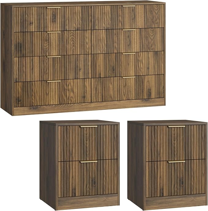 8 Drawer Dresser & Nightstand Set 3-Piece, 55” Wide Fluted Walnut Dresser and Night Stand Set of 2 with Metal Handle, Modern Wood Chest of Drawers Storage Dressers Set for Bedroom, Walnut