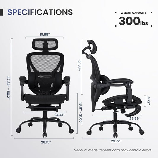MALOL Ergonomic Mesh Office Chair with Footrest, Executive High Back Computer Desk Chair with 3D Adjustable Headrest & 5-Level Lumbar Support, Tilt Lock, 3D Arms, 300LBS, Z-Black