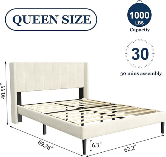 Sismplly Queen Bed Frame with Headboard,Bed Frame Queen Size Vertical Channel Tufted Wingback No Box Spring Needed, Mattress Foundation, Easy Assembly, Beige