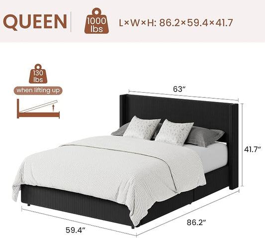 Garvee Queen Lift Up Storage Bed Frame, Corduroy Upholstered Platform Bed with Gas Lift, Padded Headboard, Wooden Slat Support, No Box Spring Needed, Easy Assembly, Black