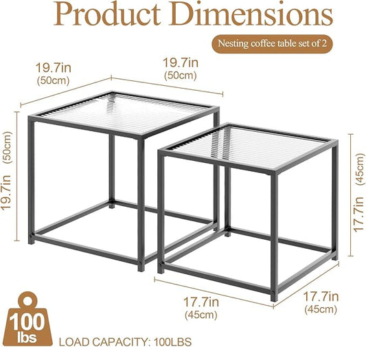 Garden 4 you Coffee Table Set of 2, Modern Patterned Glass Nesting Table, Metal Frame Square Center Table Set, Side Tables, Nesting Coffee Table for Living Room, Bedroom and Small Spaces, 19.7in Black