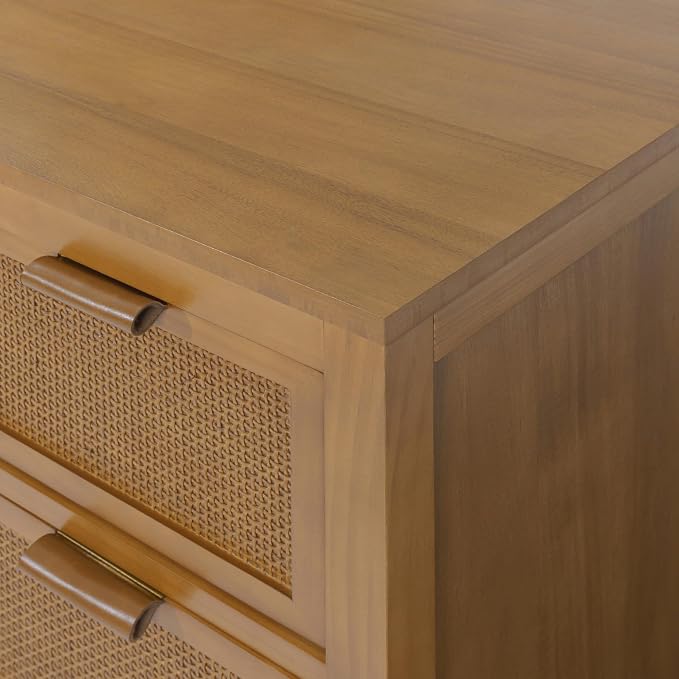 Teamson Home Hatteras 30'' W 3-Drawer Dresser with Rattan Inset Panels, Solid Pine Wood Frame and Acacia Veneer Plus Anti-Tip Kit Included, Coastal Modern Style, Natural Finish | Rattan Inset Panels, Solid Pine Wood Frame, Acacia Veneer, Anti-Tip Kit I...