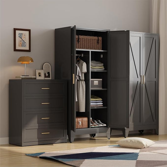 Metal armoire Wardrobe Closet with Hanging Rod,71'' Metal Wardrobe Cabinet with 2 Doors and 4 Adjustable Shelves, Bedroom armoires,Laundry Room cabinets,armario de ropa Closet