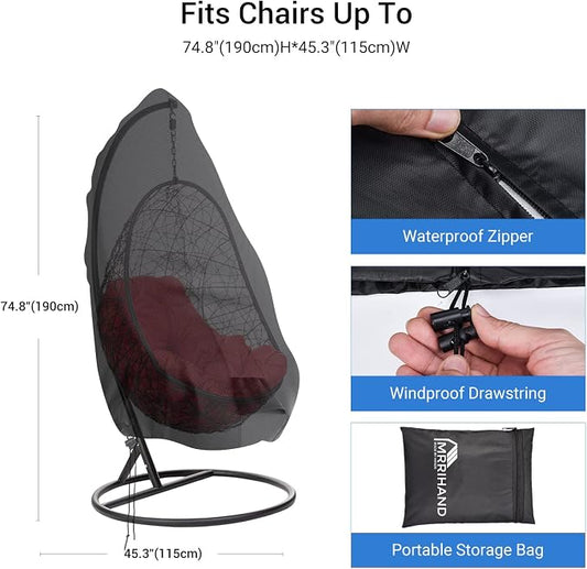 Patio Egg Chair Cover with Zipper and Air Vent, Mrrihand 420D Heavy Duty Outdoor Chair Cover Waterproof, Hanging Swing Chair Cover, 74.8”H x 45.3”W, Black, 1 Pack