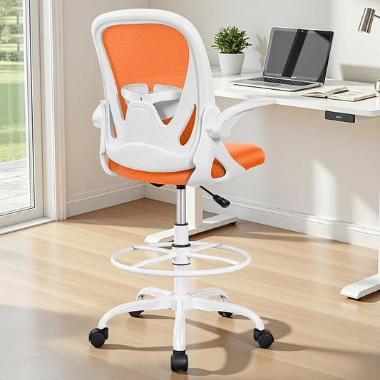 Primy Drafting Chair Tall Office Chair with Flip-up Armrests Executive Ergonomic Computer Standing Desk Chair with Lumbar Support and Adjustable Footrest Ring (Sunset Orange)