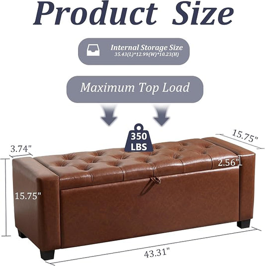 Royal Windsor Ottoman with Storage,Tufted Storage Bench with Safety Hinge,Holds up to 350 lb,Upholstered Bench with Seating for Bedroom, Living Room,Entryway,Leather Brown
